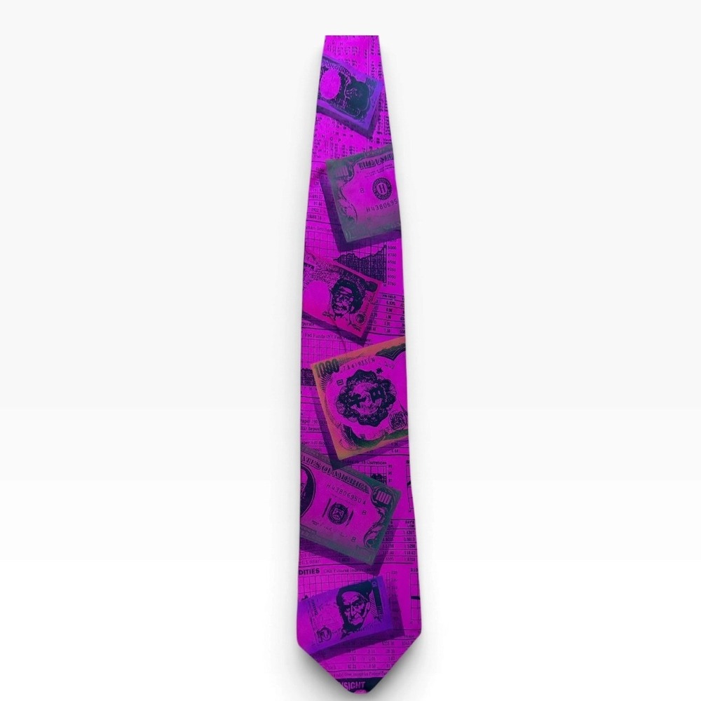 Flamingo Joe Mens Silk Tie Magenta Pink Currency Money Stock Market Finance USA